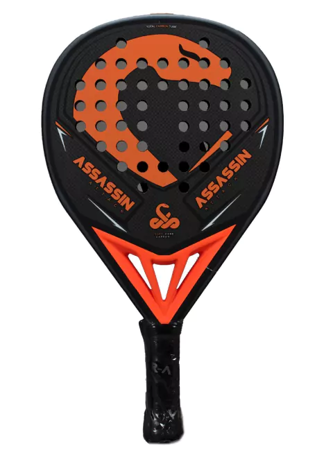 Imagen de la paleta de pádel Vibora Assassin Attack, diseño negro y naranja.