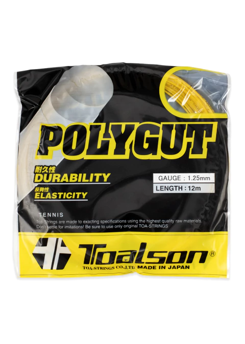 Cuerda Toalson Polygut para raqueta de tenis, calibre 1.25 mm, largo 12 metros, en su empaque original.