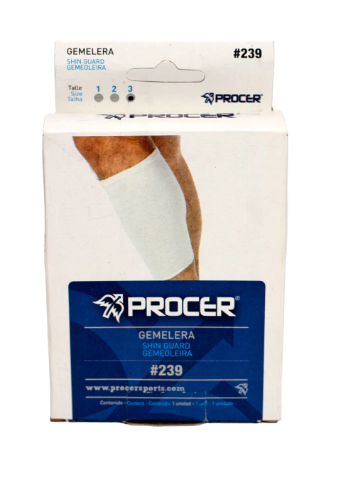Frente de la caja de Gemelera Elástica Procer, accesorio de protección deportiva para la pierna.