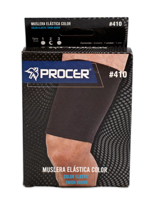 Muslera elástica Procer color negro, empaque original del producto de protección deportiva para muslo.