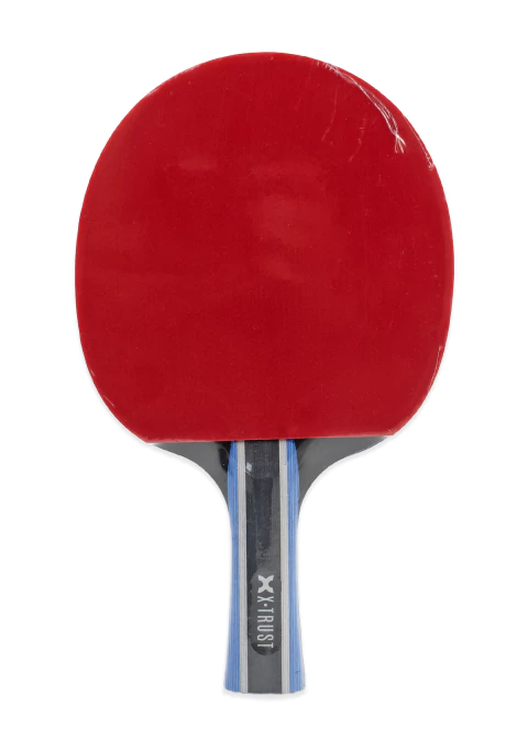 Paleta de ping pong X-Trust Pro de 2 estrellas con superficie roja y mango ergonómico.