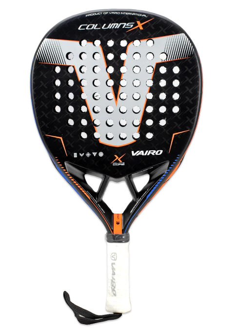 Paleta de pádel Vairo Columns X en color negro con detalles en naranja y blanco.
