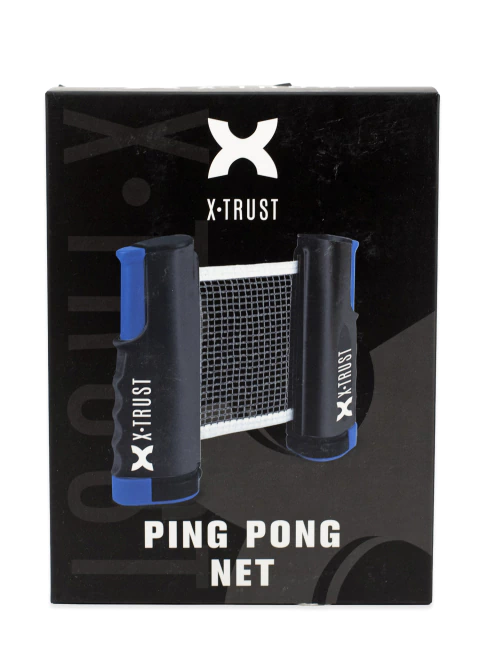 Red de ping pong retráctil X-Trust en su caja de presentación.