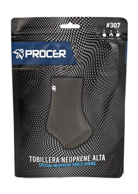 Tobillera de neoprene Procer Alta en su envase original, diseñada para protección deportiva del tobillo.