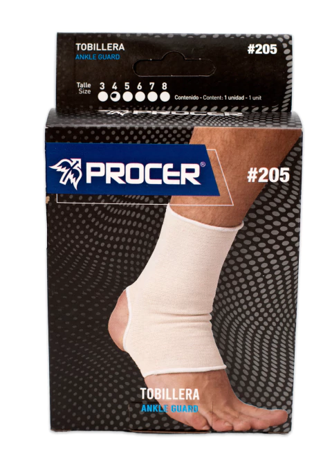 Tobillera Elástica Procer en su caja original, mostrando el producto para protección y soporte del tobillo, ideal para actividades deportivas.