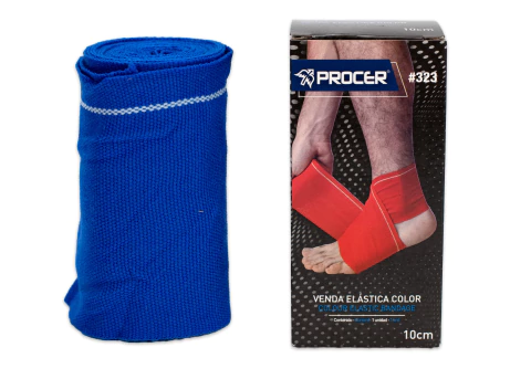 Venda elástica Procer de color azul junto a su caja, ideal para protección deportiva y soporte en actividades físicas.