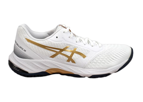 Zapatilla Asics Netburner Ballistic FF 3 blanca con detalles dorados