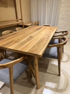 Mesa griego Petiribi macizo 200x100 + 6 sillas Bali tapizadas - Just Wood
