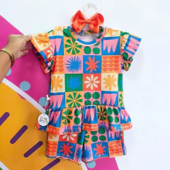 Conjunto Infantil em Malha Canelada: Mosaico das Cores