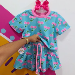 Conjunto infantil Cerejinha Azul Com Blusa e Short-Saia