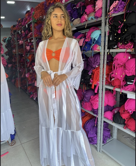 Saída vestido longo tule listrado - Branco - comprar online