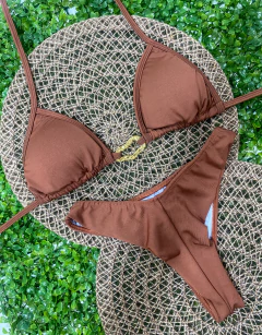 Biquíni cortininha detalhe no busto - Marrom - comprar online