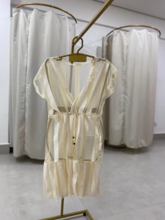 Saída vestido curto tule listrado manga curta - Use biquinis Beach wear