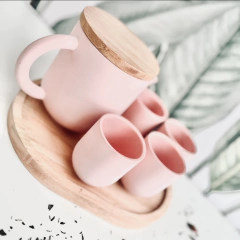 Té para cuatro en cerámica. Tetera y tazas en cerámica con bandeja y tapa de madera - tienda online