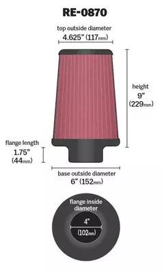 RE-0870 Filtro De Ar K&n Para Boca 4,00"(102mm) Altura 9"(229mm) Base 6"(152mm) Topo 4,62"(117mm) na internet