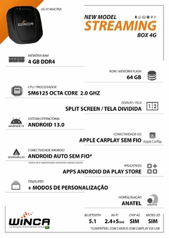 Streaming Box Winca 64gb +4gb ram + wifi + 4g android 13 octa core p/ carros com carplay de fábrica - comprar online