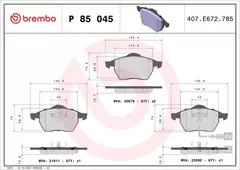 P85045 Pastilha de Freio Brembo Para AUDI:A3 2.0 96-06, TT 98-06, TT Roadster 00-06 / VW: GOLF 91-98, Golf 97-07. New Beetle 98-10 - comprar online