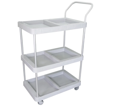 Carrinho bandeja TRIPLEX com três prateleiras e estrutura branca.