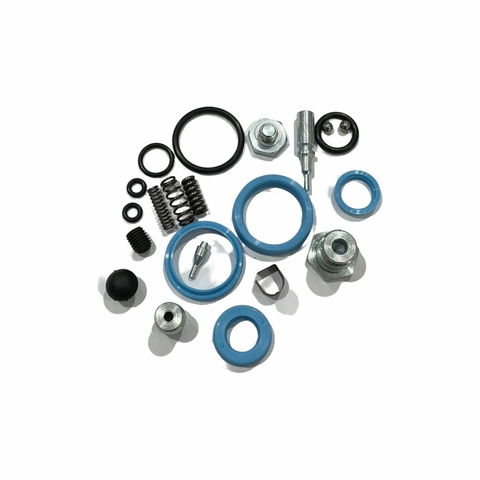 Conjunto de peças de reposição para carrinho hidráulico, incluindo anéis, molas e parafusos.