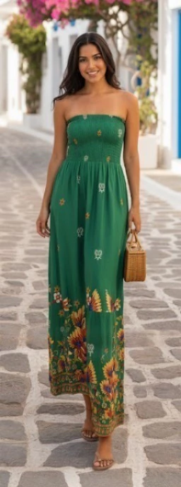 VESTIDO LASTEX TQC BOHO PASSAROS VERDE - comprar online