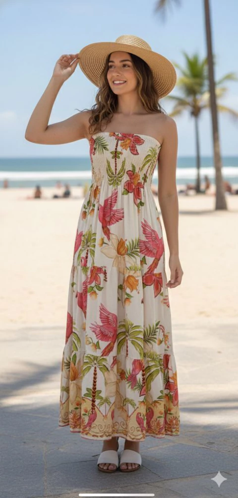 VESTIDO LASTEX TQC BOHO PASSAROS BEGE - comprar online