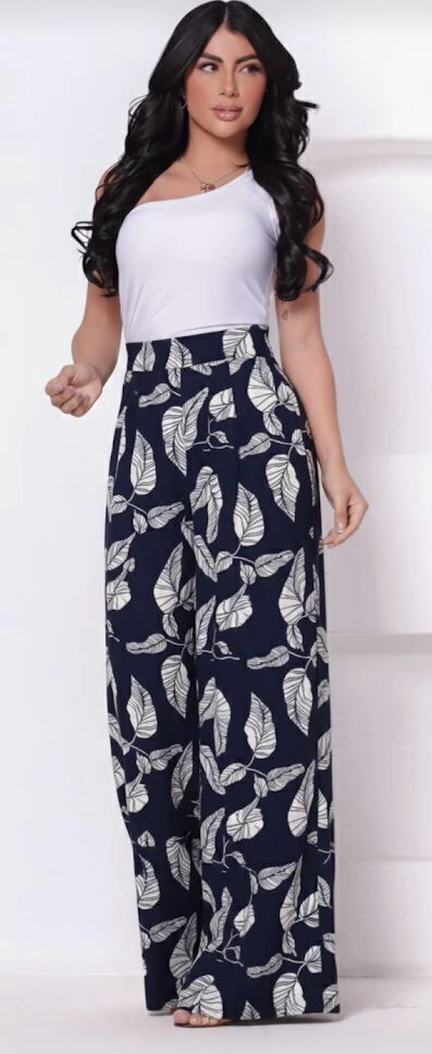 CALÇA PANTALONA VISCOLINHO FLORAL MARINHO - comprar online