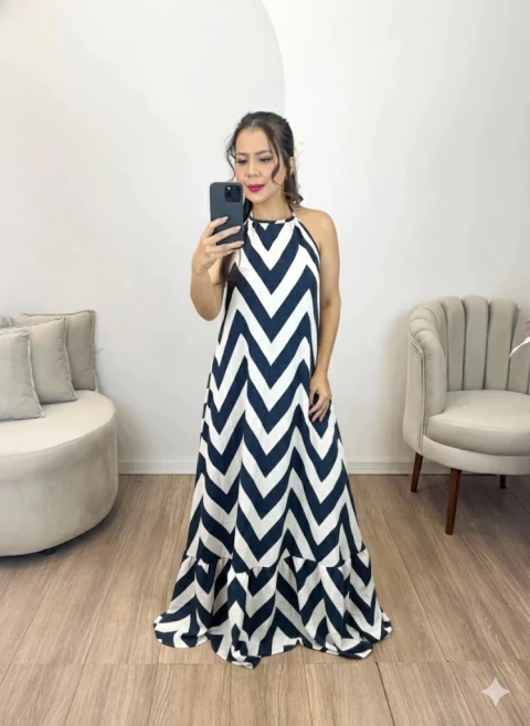 9800-VESTIDO LONGO ZIGZAG AZUL MARINHO - comprar online