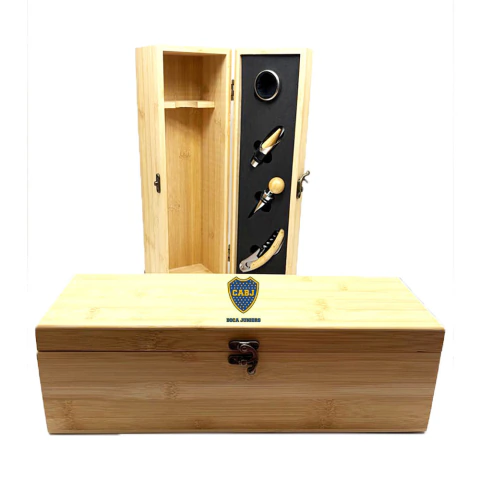 SET VINO MADERA BOCA JUNIORS PARA UNA BOTELLA - PERSONALIZABLE