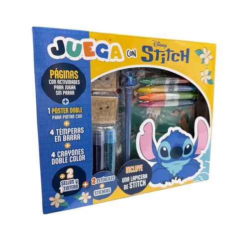 JUGA CON STITCH VERTICE LIBRO PARA PINTAR + POSTER + TEMPERAS + CRAYONES + SELLOS + LAPICERA Y MÁS