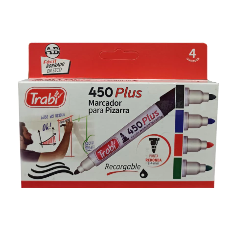 MARCADOR TRABI P/PIZARRA 450 PLUS RECARGABLE X 4