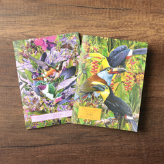 planeadores mensuales 2025 con ilustraciones de tucanes y colibríes sobre un fondo de plantas tropicales.
