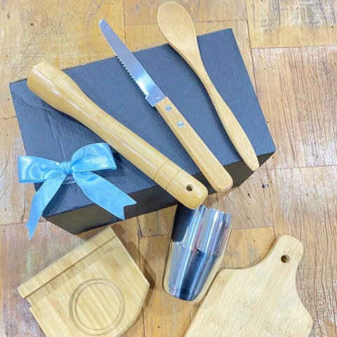 Kit para Caipirinha em Bambu Copo Inox 350 ml Presente dia dos PAIS