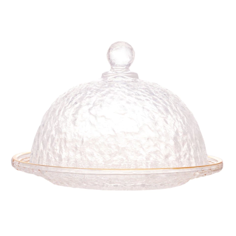 Queijeira Cristal Chumbo Martelado Borda Dourada c/ Tampa Petra