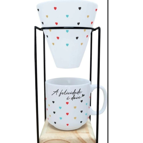 Coador de Café c/ Suporte e Caneca A Felicidade é Doce