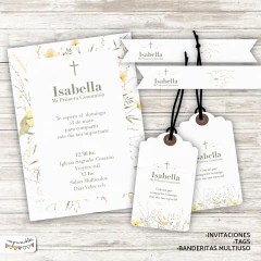 Kit imprimible Comunión o Bautismo con flores 9 -amarillas-