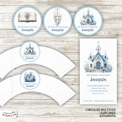 Kit imprimible Primera Comunión flores en celeste - comprar online