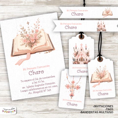 Kit imprimible Primera Comunión flores en rosa