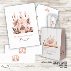 Kit imprimible Primera Comunión flores en rosa - Imprimibles