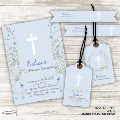 Kit imprimible Comunión o Bautismo con flores 3