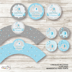 Kit Imprimible Elefantitos Baby Shower en celeste - comprar online