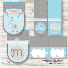 Kit Imprimible Elefantitos Baby Shower en celeste - Imprimibles
