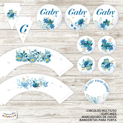 Kit imprimible Flores Acuarela en azul - comprar online