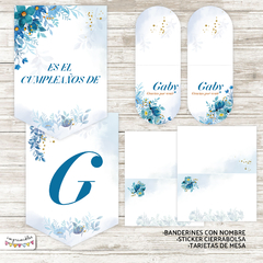 Kit imprimible Flores Acuarela en azul - Imprimibles
