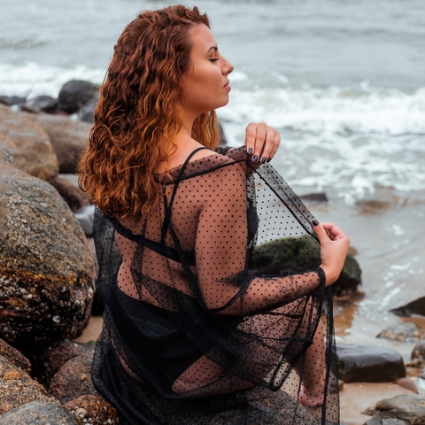 Quimono/Vestido Tule Poá Preto