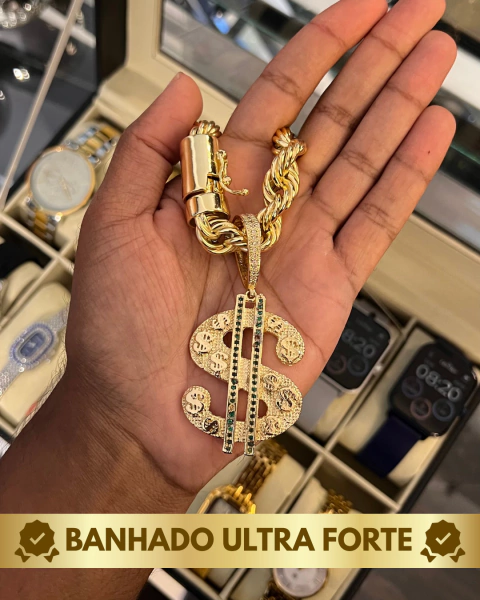 CORRENTE ELO BAHIANO 10MM COM PINGENTE CIFRÃO EM MOEDA ANTIGA COM BANHO ULTRA FORTE DE 15 CAMADAS DE OURO 18K