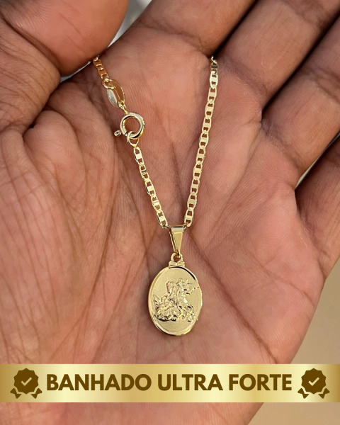 CORRENTE PIASTRINE 2MM COM PINGENTE MEDALHA SÃO JORGE EM MOEDA ANTIGA COM BANHO ULTRA FORTE DE 15 CAMADAS DE OURO 18K