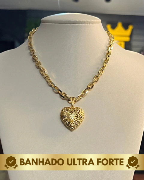 COLAR FEMININO CADEADO DE QUINA 6MM + PINGENTE RELICÁRIO EM MOEDA ANTIGA COM BANHO ULTRA FORTE 18K