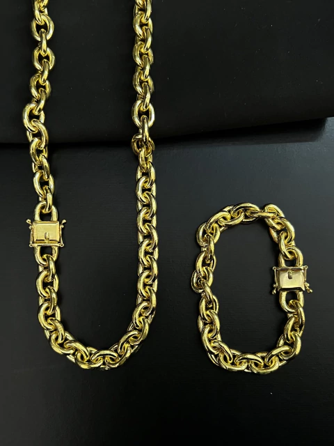 CORRENTE E PULSEIRA CADEADO DE QUINA 12MM 220G EM MOEDA ANTIGA - comprar online