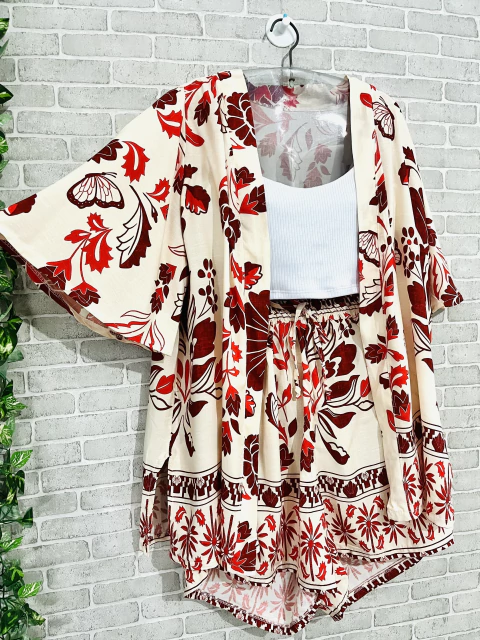 CONJUNTO G/GG KIMONO E SHORT BORBOLETA VERMELHA
