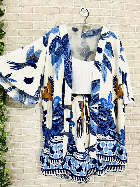 CONJUNTO P/M/G/GG KIMONO E SHORT PÁSSARO AZUL BARRADO